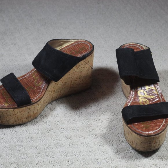 Sam Edelman Size 8 Black Suede Slide On Platform Wedge Heels - Picture 1 of 6